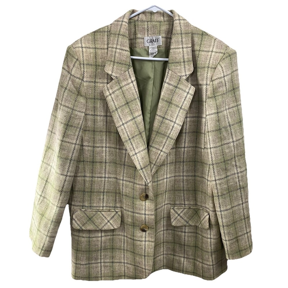 GRAFF Women's Vintage Green&Tan Plaid‎ Blazer Suit Jacket Coat Sz. 16 100% Wool